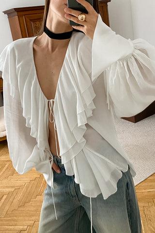 Ruffled V-Neck Blouse with Balloon Sleeves