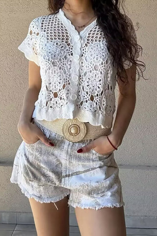 Button-Front Crochet T-Shirt