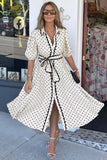 Polka Dot Scalloped Trim Belted Midi Dress