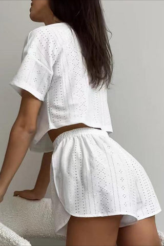 Eyelet Crop Top and Elastic Waist Shorts Set