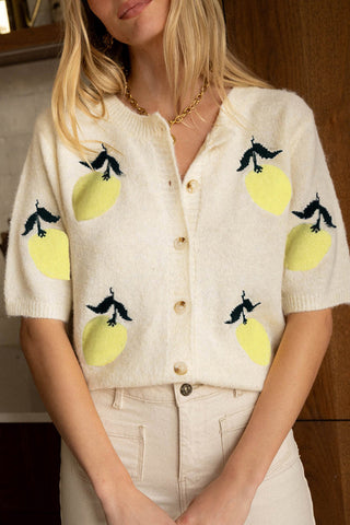 Lemon-Patterned Button-Up Sweater