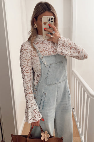 Lace Bell Sleeve Mock Neck Blouse