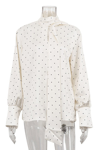 Polka Dot High-Neck Blouse with Tie