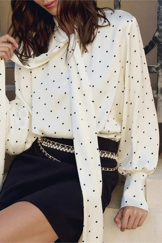Polka Dot High-Neck Blouse with Tie