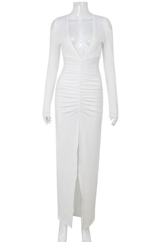 Long-Sleeve Ruched Evening Dress