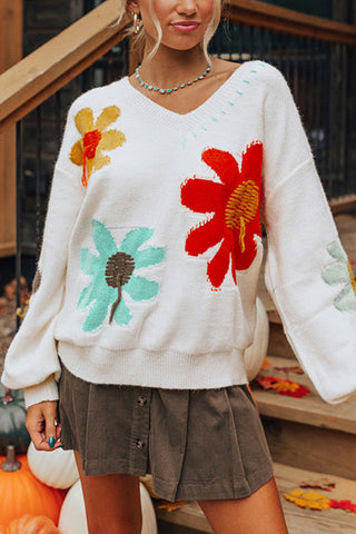 Floral Pattern V-Neck Sweater