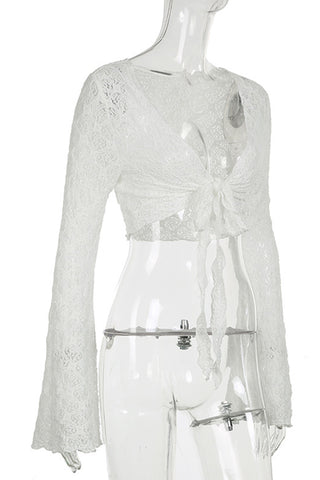 Lace Tie Front Bell Sleeve Cover-Up