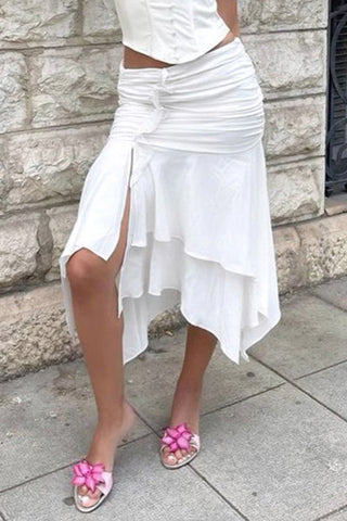 Ruched Midi Skirt with Asymmetrical Hem