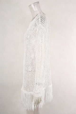 Off-Shoulder Mesh Fringe Cover-Up