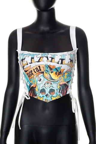 Graphic Print Lace-Up Tank Top