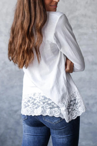 V Neck Long Sleeve Top with Lace Trim