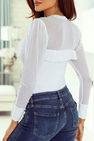 Pearl Decor Patchwork Long Sleeve Top
