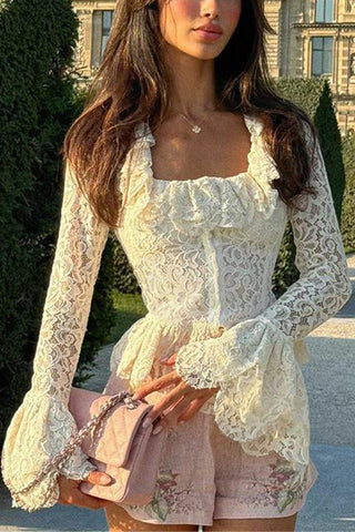 Lace Ruffle Long-Sleeve Blouse
