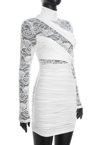 Lace Long Sleeve Ruched Evening Dress