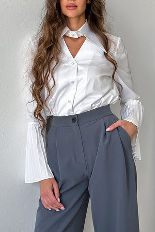 Pleated Sleeve Button-Up Blouse