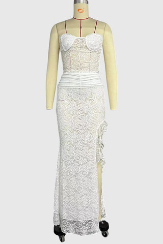 Lace Spliced Skirt Set With Ruched Detail