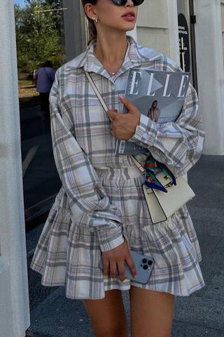 Button-Up Plaid Skirt Set