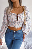 Floral Puff Sleeve Tie Front Blouse