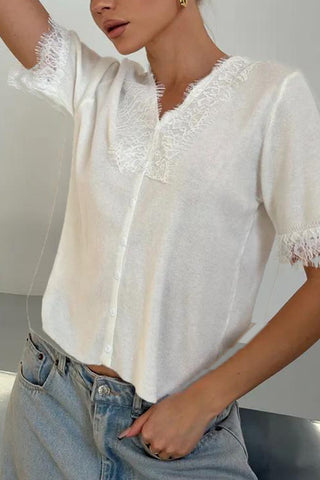 Lace-Trim Button Knit Top