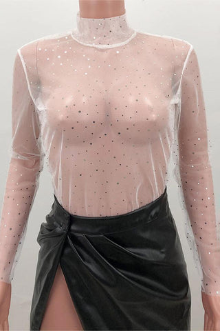 Sheer Embellished Long-Sleeve Blouse