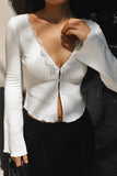 V-Neck Ribbed Hook Detail Blouse