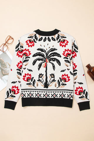 Floral Print Buttoned Front V Neck Knit Cardigan