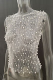 Pearl-Embellished Mesh Tank Top