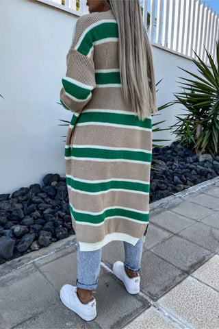 Striped Open-Front Long Cardigan
