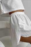 Eyelet Crop Top and Elastic Waist Shorts Set