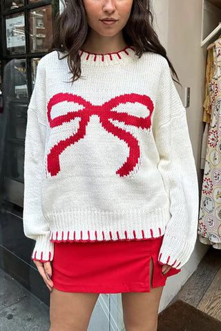 Bow Accent Sweater with Ribbed Trim