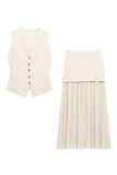 Button Vest and Pleated Skirt Set