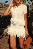 Fringe-Trimmed Skirt Set with Button Top