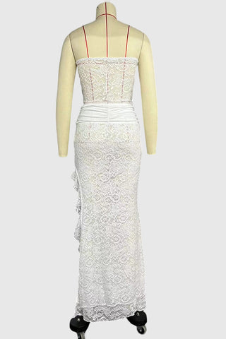 Lace Spliced Skirt Set With Ruched Detail