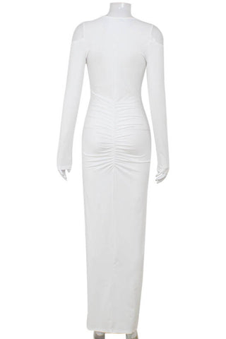Long-Sleeve Ruched Evening Dress