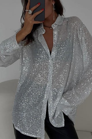 Sparkling Sequin Button-Front Blouse