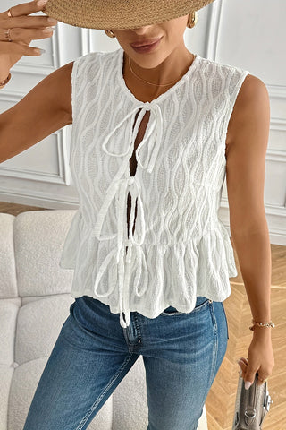 Textured Tie-Front Peplum Tank