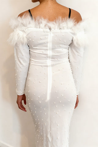 Feathered Off-Shoulder Gala Dress