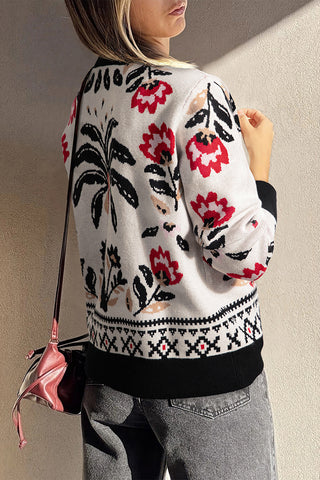 Floral Print Buttoned Front V Neck Knit Cardigan