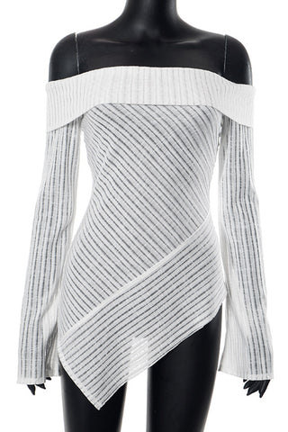 Off-Shoulder Asymmetrical Ribbed T-Shirt