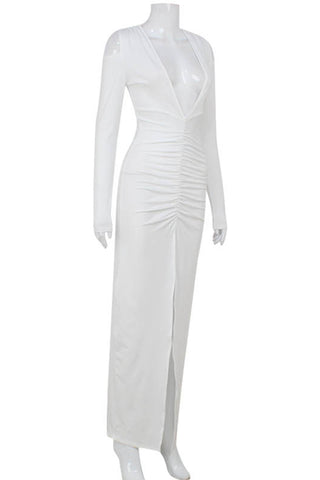 Long-Sleeve Ruched Evening Dress
