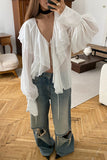 Ruffled V-Neck Blouse with Balloon Sleeves