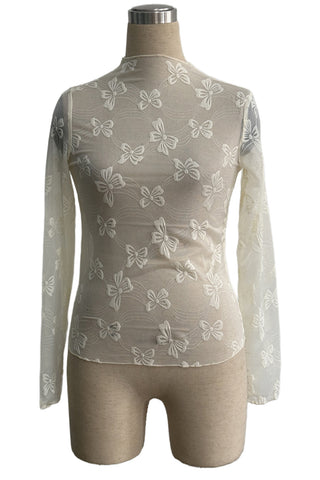 Bow Pattern Sheer Long Sleeve Top