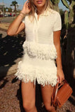 Fringe-Trimmed Skirt Set with Button Top