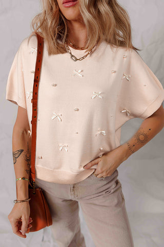 Bow Embellished Short Sleeve Sweater