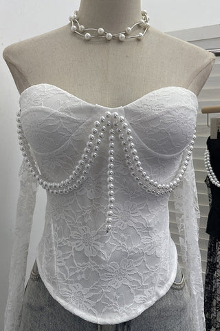 Pearl-Embellished Lace Tank Top