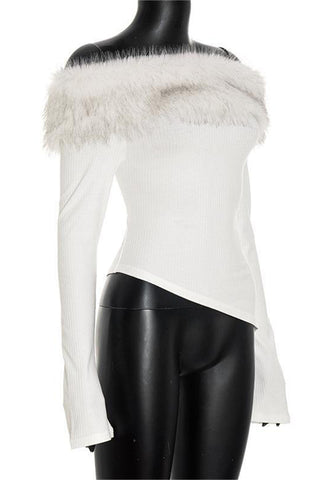 Off-Shoulder Fur Trim Blouse