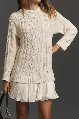 Cable Knit Casual Dress with Pleated Skirt