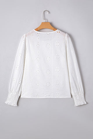 Eyelet Smocked Cuff Sheer Blouse