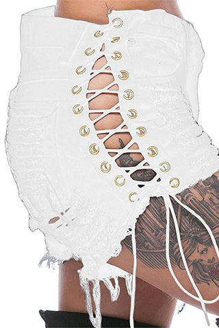 Lace-Up Distressed Denim Shorts