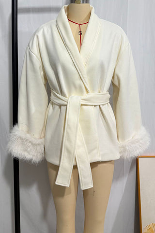 Belted Wrap Jacket with Fur Cuffs